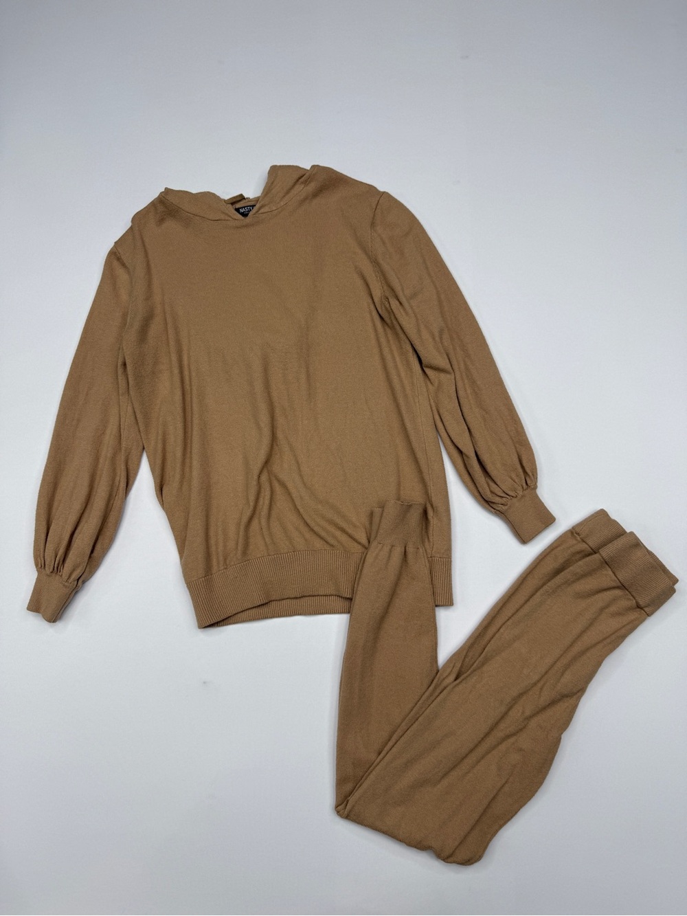Nasty Gal Collection Knit Hoodie & Joggers Loungewear Set Tan Small